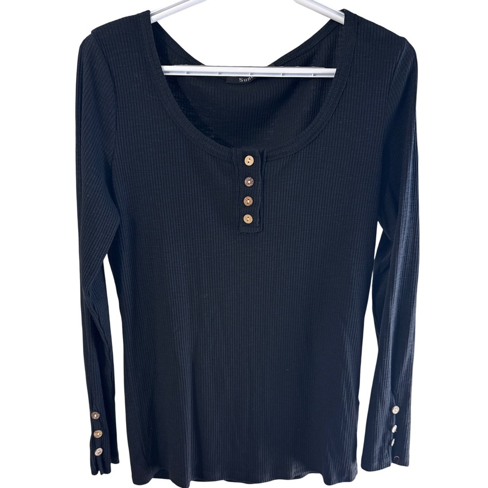 Sunbs Womens Black Ribbed Henley Long Sleeve Button Cuff Scoop Neck Top Large